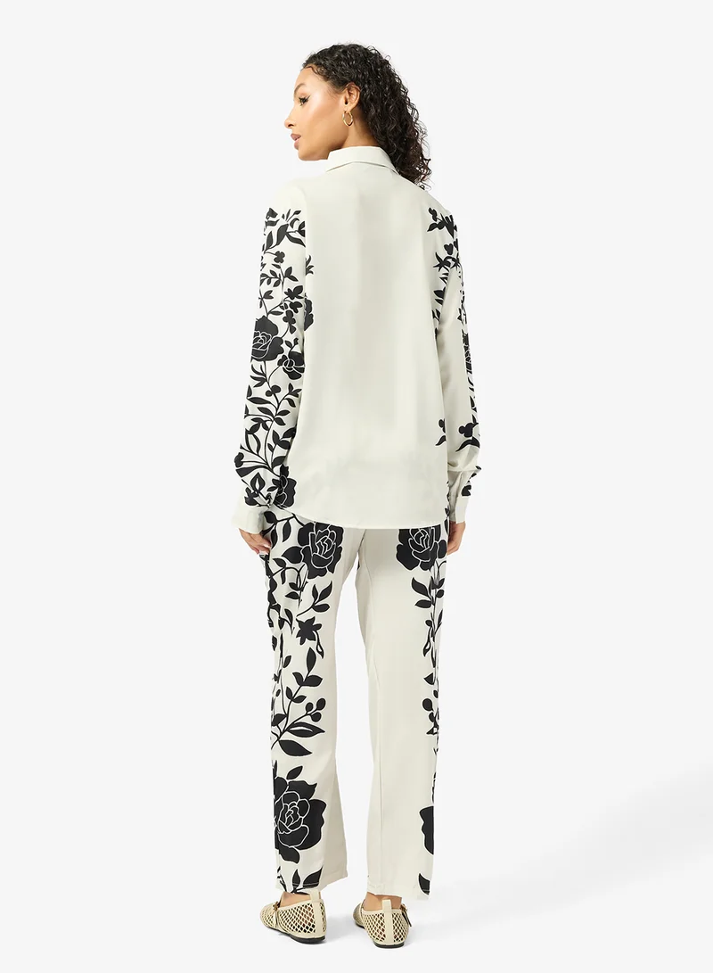 جينجر Oversize Satin Floral Print Shirt & Pant Coord Set